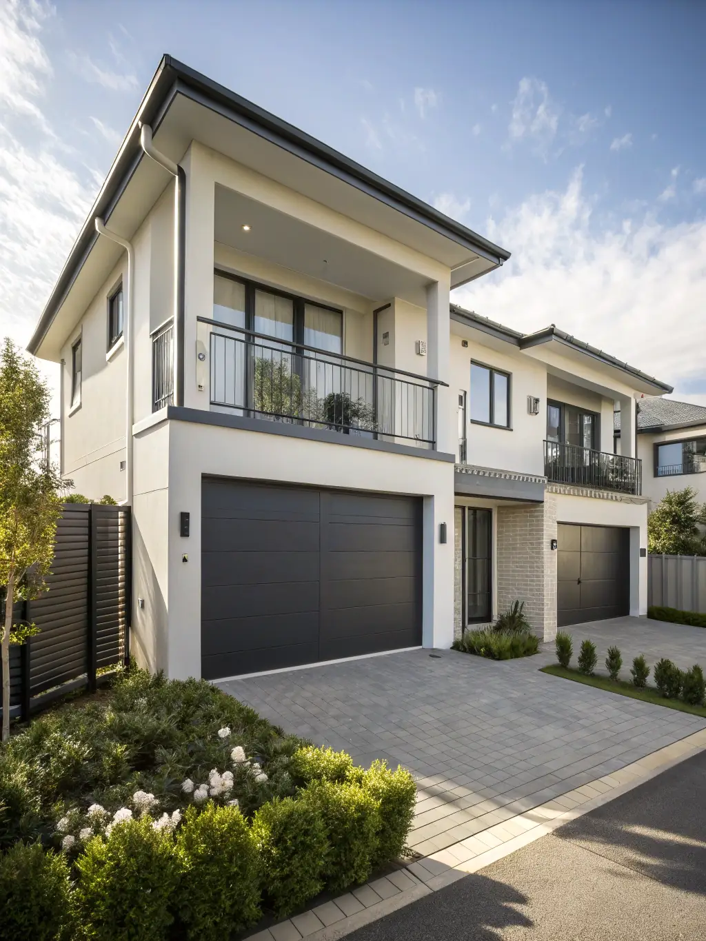 A high-quality photograph showcasing the exterior of a newly constructed modern home by JBC Construction LLC, emphasizing clean lines and architectural details.