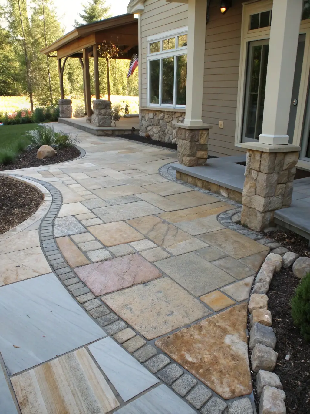 A beautifully finished stone patio with intricate design, showcasing craftsmanship.