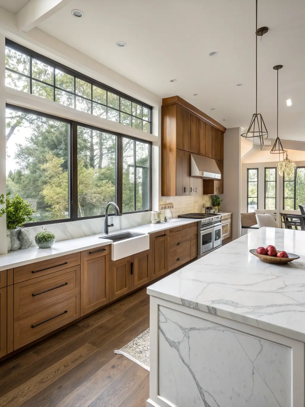 A photograph of a beautifully remodeled kitchen with modern appliances, stylish countertops, and custom cabinetry installed by JBC Construction LLC.