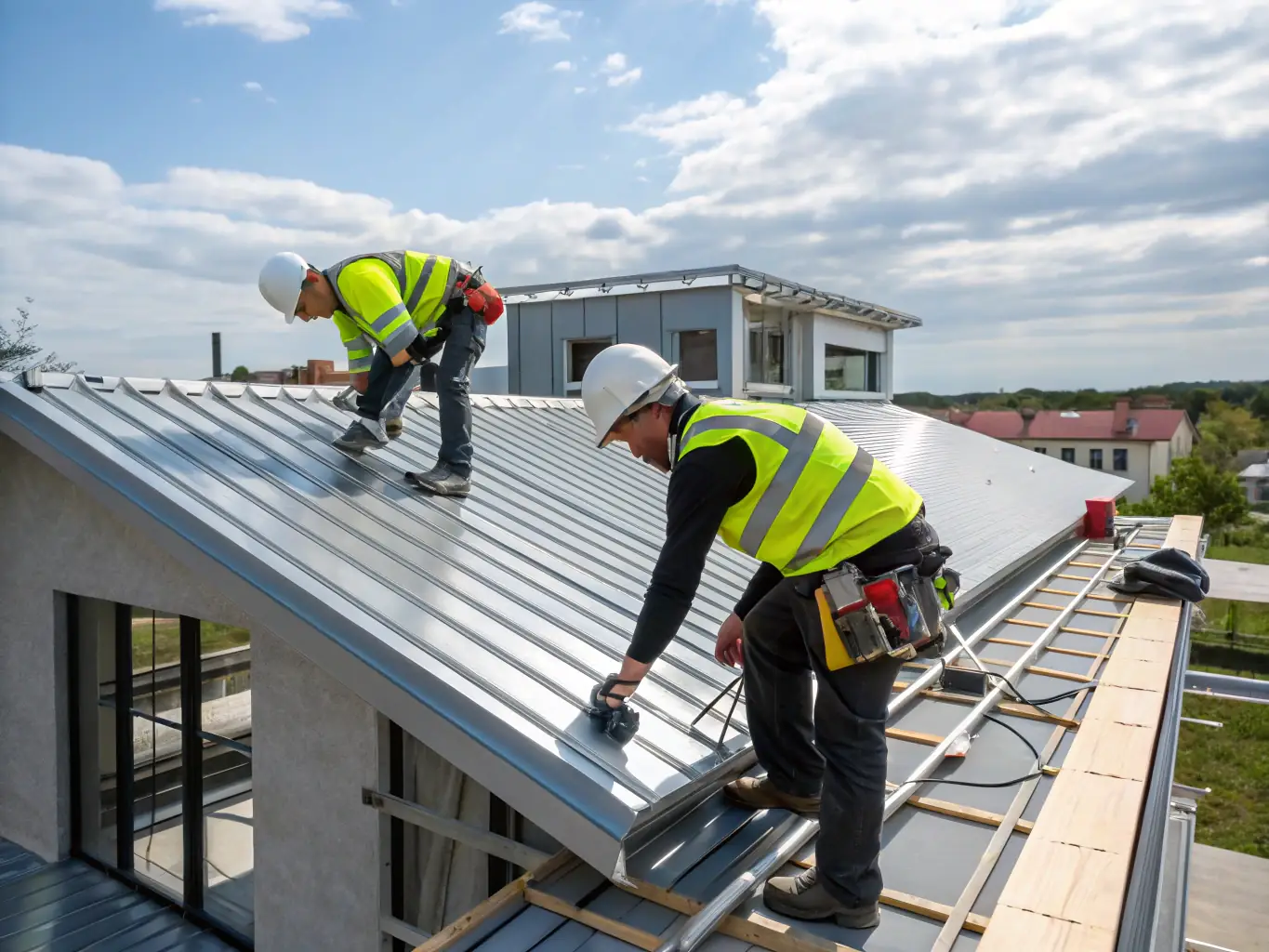 A residential roof being replaced with asphalt shingles, showing workers carefully installing the new roofing material. The image should highlight the quality and precision of the roofing installation process.
