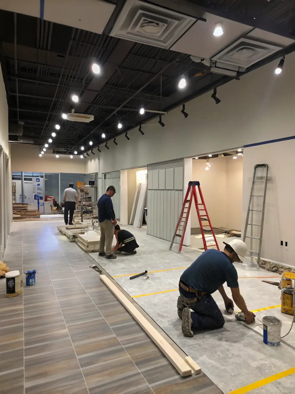 An image of a commercial space undergoing renovation, with JBC Construction LLC workers installing new fixtures and improving the layout.