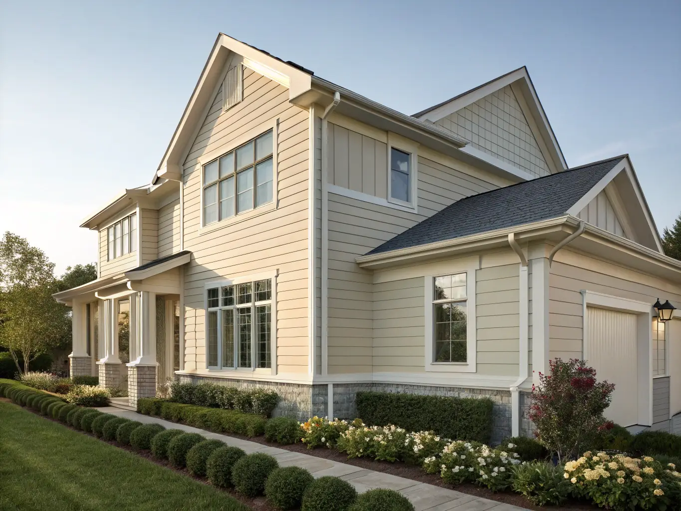 A newly installed vinyl siding on a modern two-story house, showcasing clean lines and a fresh, updated look. The image should convey durability and aesthetic appeal.